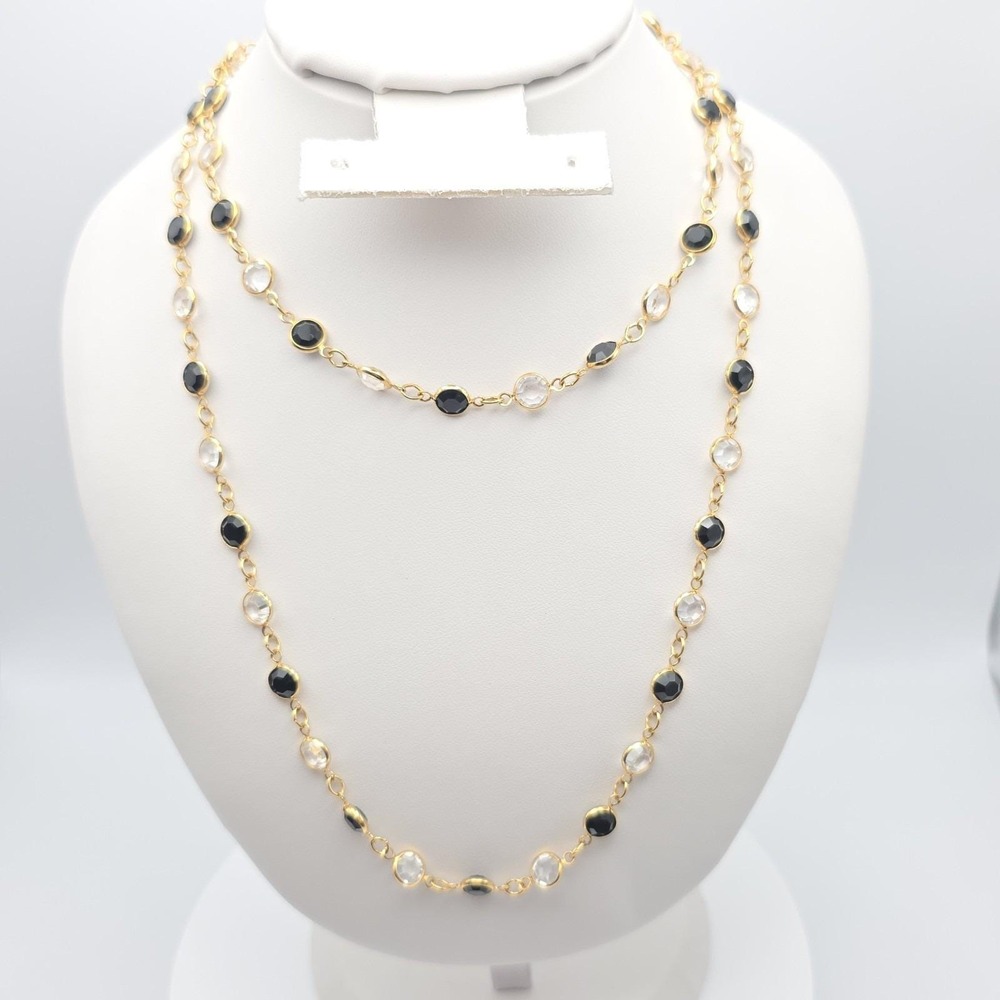 Vtg SWAROVSKI Necklace Black &‎ Clear Crystals Gold Plate Long 30" Swan Signed